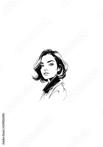 Striking Black and White Line Art Illustration of a Confident Woman with Short Hair and Intense Expression