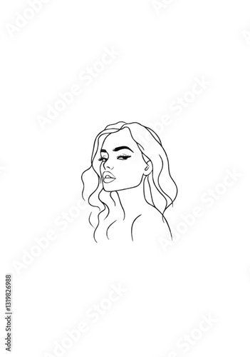 Elegant Woman Face Line Art Portrait with Confident Expression and Long Wavy Hair in Minimalist Style