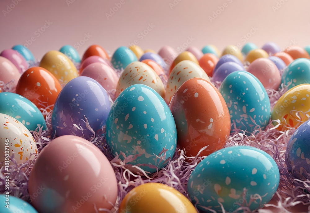 glossy Easter eggs floating against a soft, dreamy background glossy Easter eggs floating against a soft, dreamy background