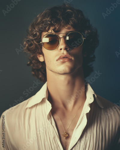 A stylish young man with curly hair wearing vintage round sunglasses and a floral-patterned shirt, exuding a retro and confident vibe.