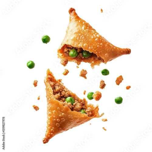 Floating crispy chicken samosa with peas and crumbly chicken inside, isolated on white background.