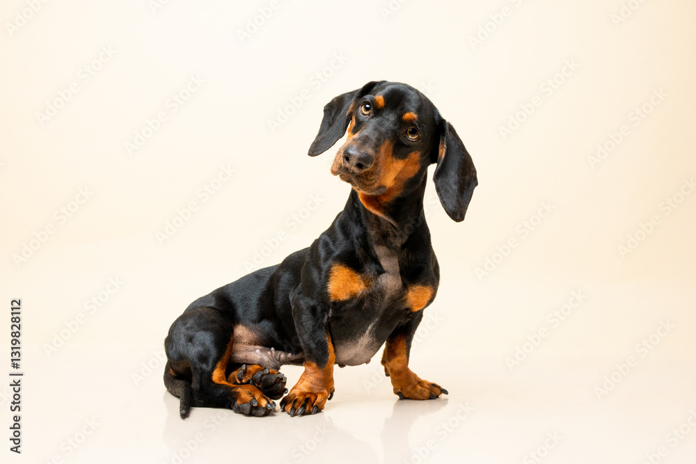 Standard black and tan Dachshund portrait on bright beige background Standard black and tan Dachshund portrait on bright beige background