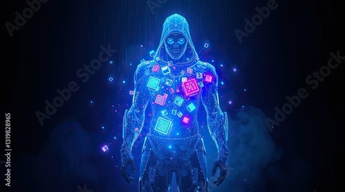 A hooded figure stands in darkness surrounded by glowing blue and pink symbols creating a vibrant digital atmosphere
