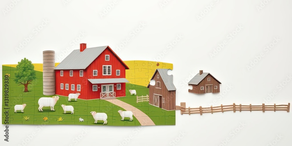 Naklejka premium Farm Puzzle Red Barn Sheep Wooden Fence Buildings Countryside