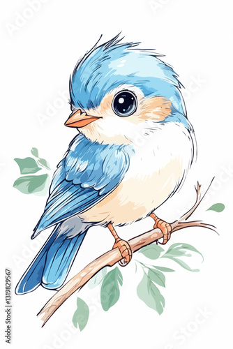 Baby Bluebird on Branch Illustration