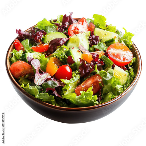 Healthy salad bowl with fresh greens, and various vegies, isolated on white background.