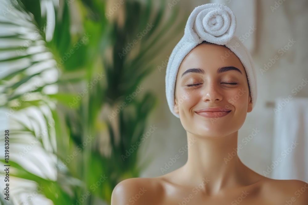 Happy woman enjoying relaxation in a modern spa salon with minimalistic design Happy woman enjoying relaxation in a modern spa salon with minimalistic design