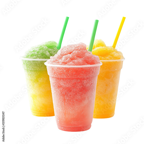 Colorful various slushies in a take away cup, isolated on white background.