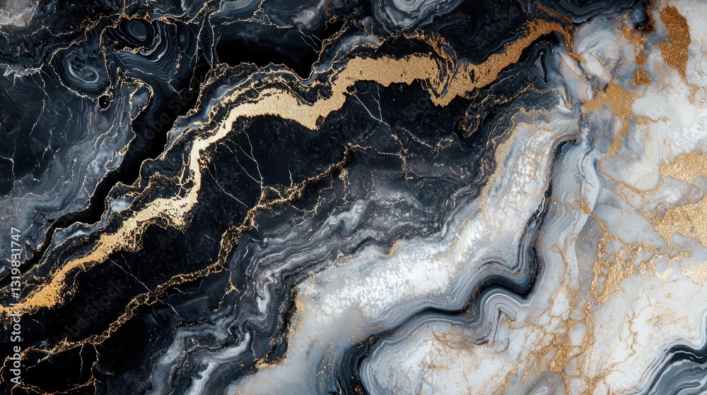 Obraz premium Swirling patterns of black, white, and gray create a striking marble texture, highlighted by elegant gold accents that enhance its luxurious appearance
