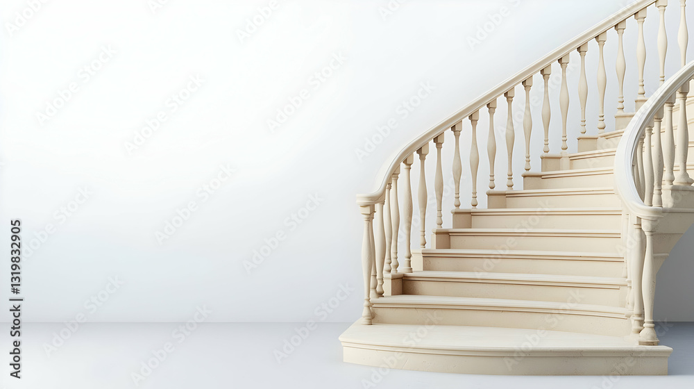 Fototapeta premium Elegant Curved Wooden Staircase Against White Wall with Bright Lighting in Modern Interior Architecture