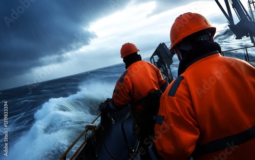 Two workers in orange safety gear on a ship navigating through stormy seas with dark clouds
