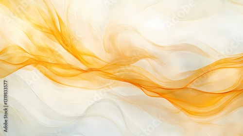 Graceful swirls of amber and golden smoke patterns flowing and curving smoothly on a simple white backdrop symbolizing a sense of warmth elegance and gentle movement. Radiant Veil. Illustration