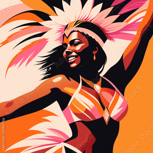 Smiling Afro-Caribbean woman in vibrant Carnival headdress radiates joy Bold graphic style captures festive energy with warm orange and pink palette Concept cultural events, tourism, festival celebrat