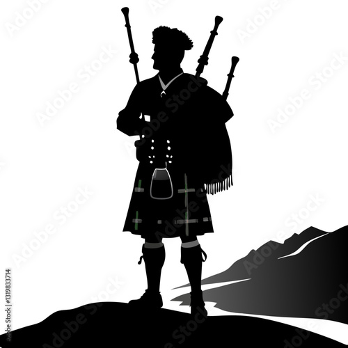 Bagpiper silhouette stands proudly against Scottish highlands backdrop. Traditional kilt and bagpipes create iconic Scottish imagery in stark black and white composition. Concept: tourism board
