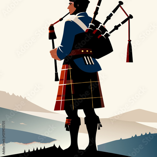 Bagpiper stands silhouetted against scenic Scottish landscape Viewed from behind in traditional kilt, figure evokes heritage in muted vintage style Concept tourism, whisky brand, heritage organization