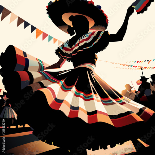 Joyful Mexican dancer performs in vibrant traditional falda at colorful celebration. Festive atmosphere with decorative bunting and enthusiastic crowd. Concept: tourism, cultural events, festivals.