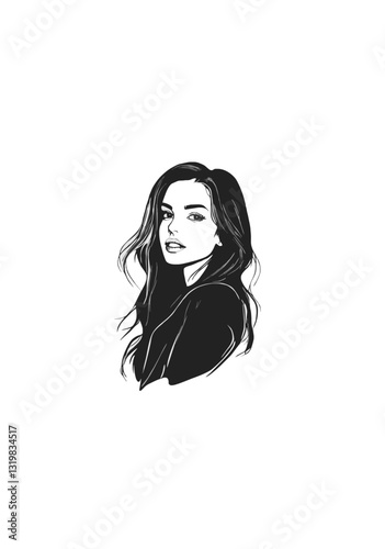 High-Contrast Black and White Portrait of a Stylish Young Woman with Long Flowing Hair