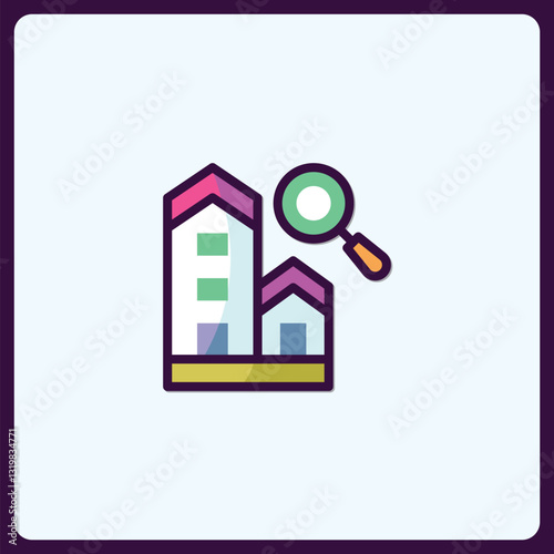 Colorful vector icon representing property search with house and magnifying glass