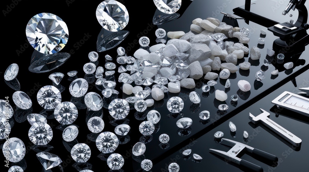 polished diamonds with precise cut facets and rough, uncut diamonds with natural inclusions lay on a sleek black table polished diamonds with precise cut facets and rough, uncut diamonds with natural inclusions lay on a sleek black table