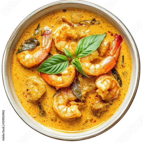Traditional Indian spicy prawn curry, served in a bowl, isolated on white background. Top view.