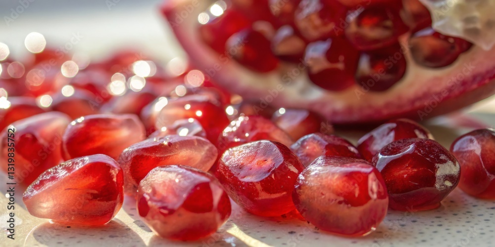 Juicy pomegranate seeds scattered on a countertop with a halved fruit in the background during bright daylight
