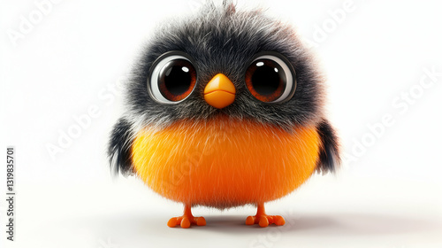 Cute Fluffy Robin with Big Eyes Isolated on White Background Studio Shot