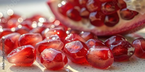 Obraz na płótnie Juicy pomegranate seeds scattered on a countertop with a halved fruit in the background during bright daylight w salonie
