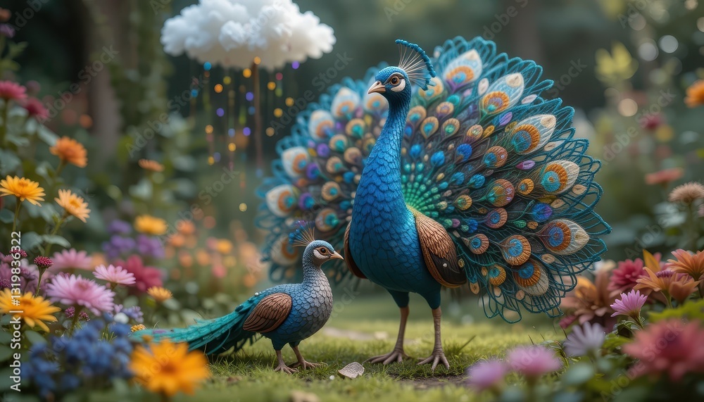 Obraz premium Majestic Peacocks in a Vibrant Garden with Flowers and Rainbow