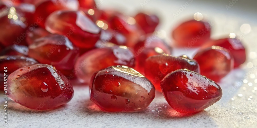 Fresh pomegranate seeds scattered on a surface with droplets of water glistening in natural light