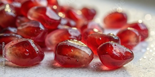 Obraz na płótnie Fresh pomegranate seeds scattered on a surface with droplets of water glistening in natural light w salonie