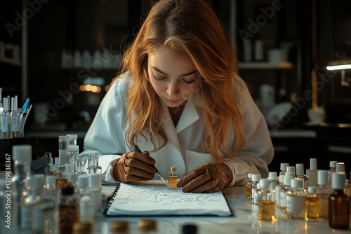 A female scientist perfumer in her lab, meticulously working on a new perfume formula, creating a unique and captivating fragrance. The image depicts the meticulous process of perfume creation, 