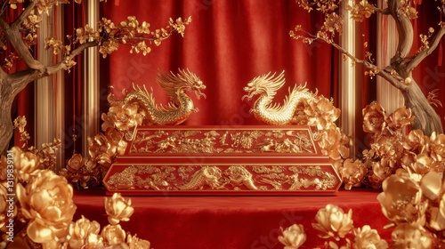 Golden Chinese dragons on red velvet pedestal, spring blossoms. Possible product display
