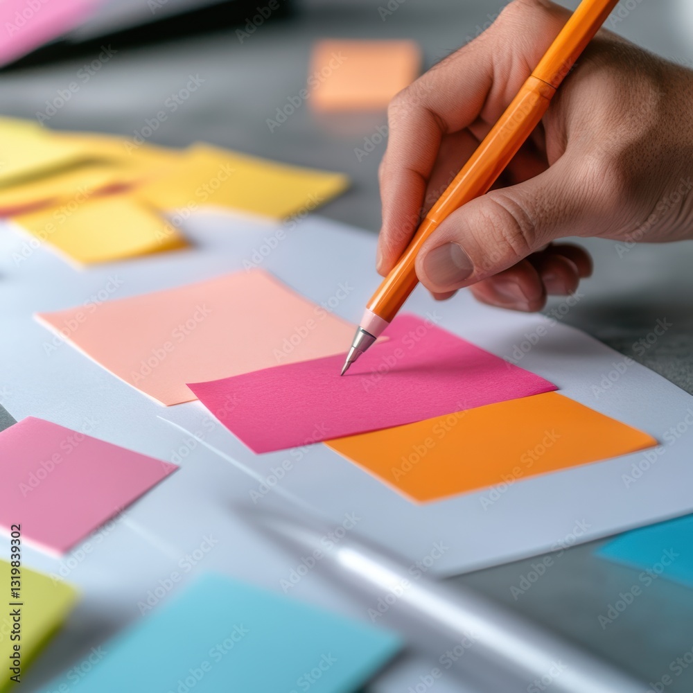 A close-up of a hand holding a pen, writing on a colorful sticky note among various other notes and papers on a workspace, Ideal for productivity, organization, or brainstorming concepts, A close-up of a hand holding a pen, writing on a colorful sticky note among various other notes and papers on a workspace, Ideal for productivity, organization, or brainstorming concepts,
