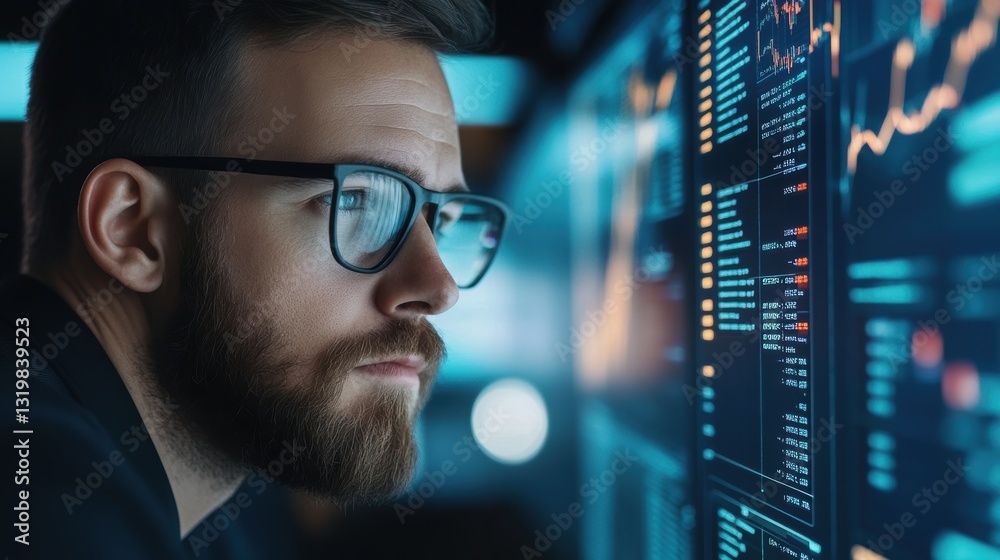 Fototapeta premium A focused professional analyzes data on a futuristic screen, showcasing advanced analytics and graphs, This image is ideal for technology, finance, and data analysis-related content,