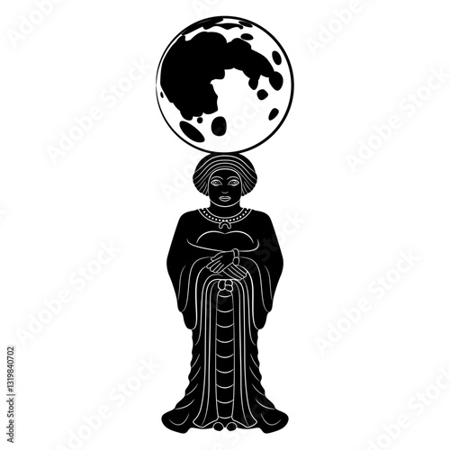 Lunar goddess. Ancient Iranian Achaemenid woman holding full moon. Black and white silhouette.