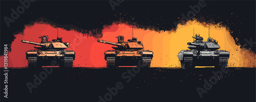 Military tanks flat icons set – linear vector style in red, orange, and yellow.