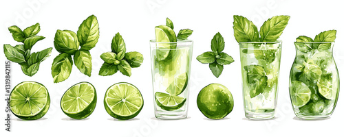 Flat icons set of lime and mint cocktails with fresh leaves and slices in glasses - vector.