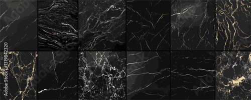 Flat linear icons set of black marble textures with subtle golden veins.