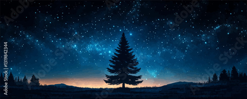 Flat vector icons set of night sky and nature with stars and pine trees.