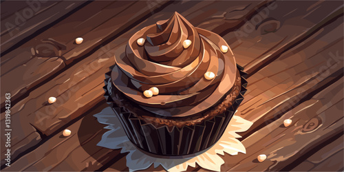 Flat icons set: chocolate cupcake with frosting on wooden table – vector style.