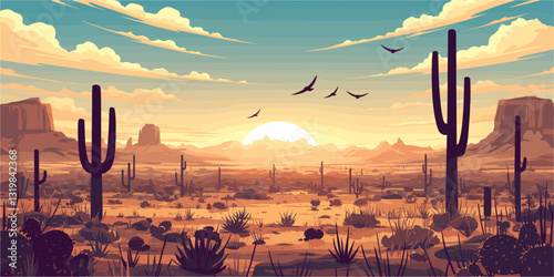 Flat vector icons set of desert landscape at sunset with cacti, mountains, and birds.