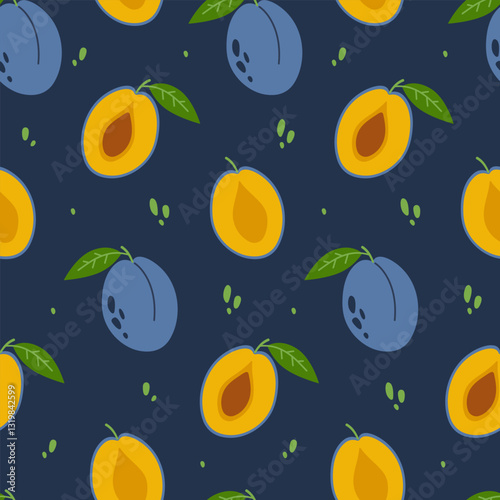 Plum seamless pattern. Whole and halves of fruits with leaves and pits on dark background. Vector illustration.