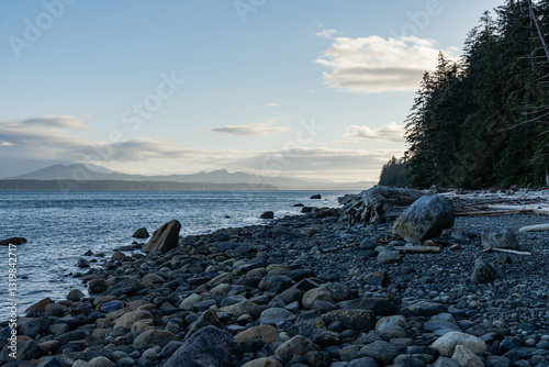 sunset aerial view of the Queen Charlotte Strait seen from Malcolm Island, British Columbia Canada with a dramatic sunset sky