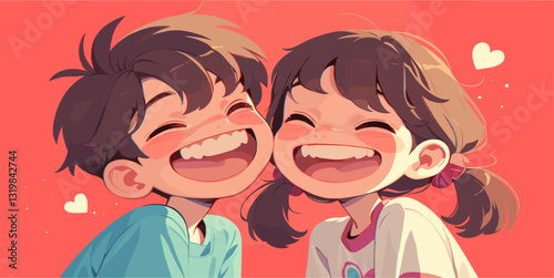Flat icons set: cute siblings smiling vector in cartoon style with hearts.