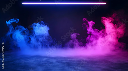 Obraz na płótnie Vivid Pink And Blue Neon Light Smoke Effect On Dark Grunge Concrete Floor Background Ideal For Modern Product Presentations w salonie