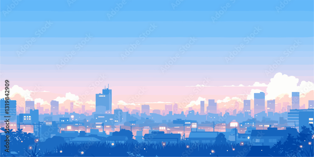 Obraz premium Flat vector cityscape at dusk icons set with urban skyline and twilight scenery.