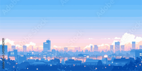 Flat vector cityscape at dusk icons set with urban skyline and twilight scenery.