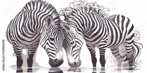 Flat linear icons set of two zebras drinking water with stylized stripes in nature.