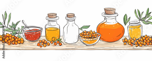 Flat icons set of sea buckthorn juice and jam bottles with fresh berries - vector style.