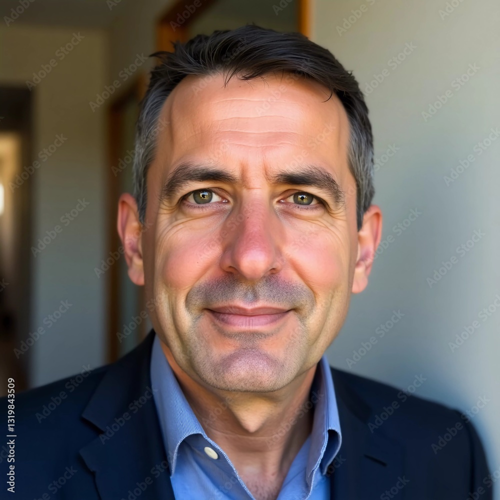Obraz premium A resident male from Israel stands in a stylish hotel corridor, exuding confidence with a sincere smile. Natural light enhances his approachable demeanor, creating a welcoming atmosphere AI